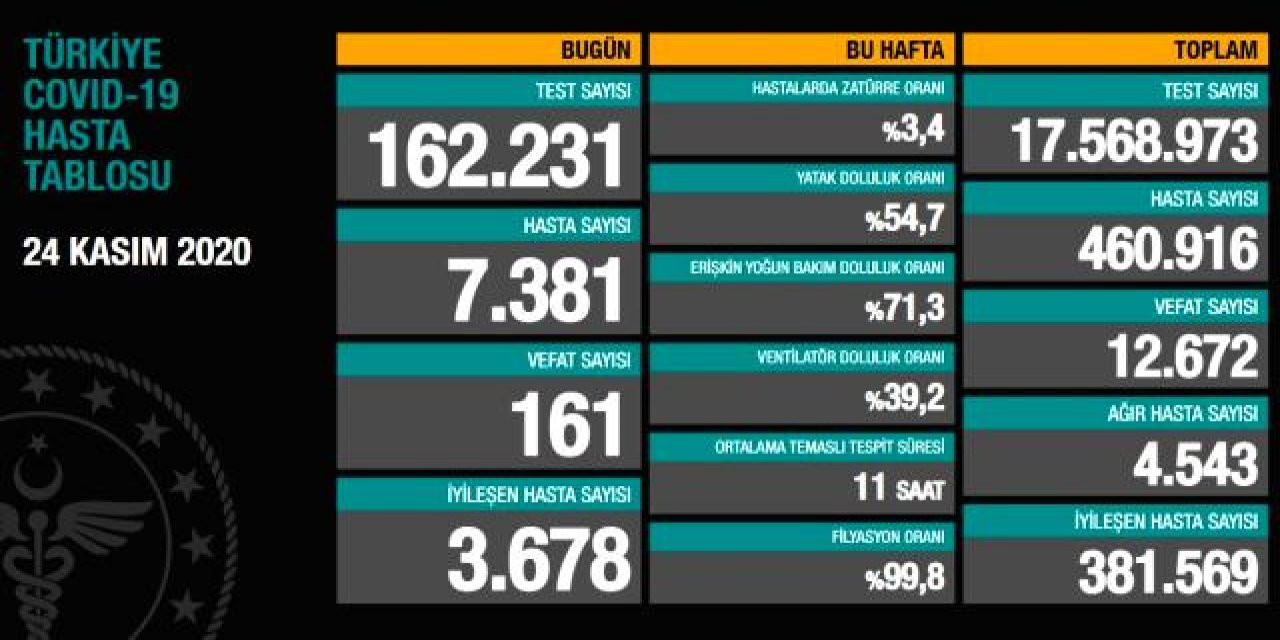 Türkiye'de 24 Kasım günü koronavirüs nedeniyle 161 kişi vefat etti, 7381 yeni vaka tespit edildi