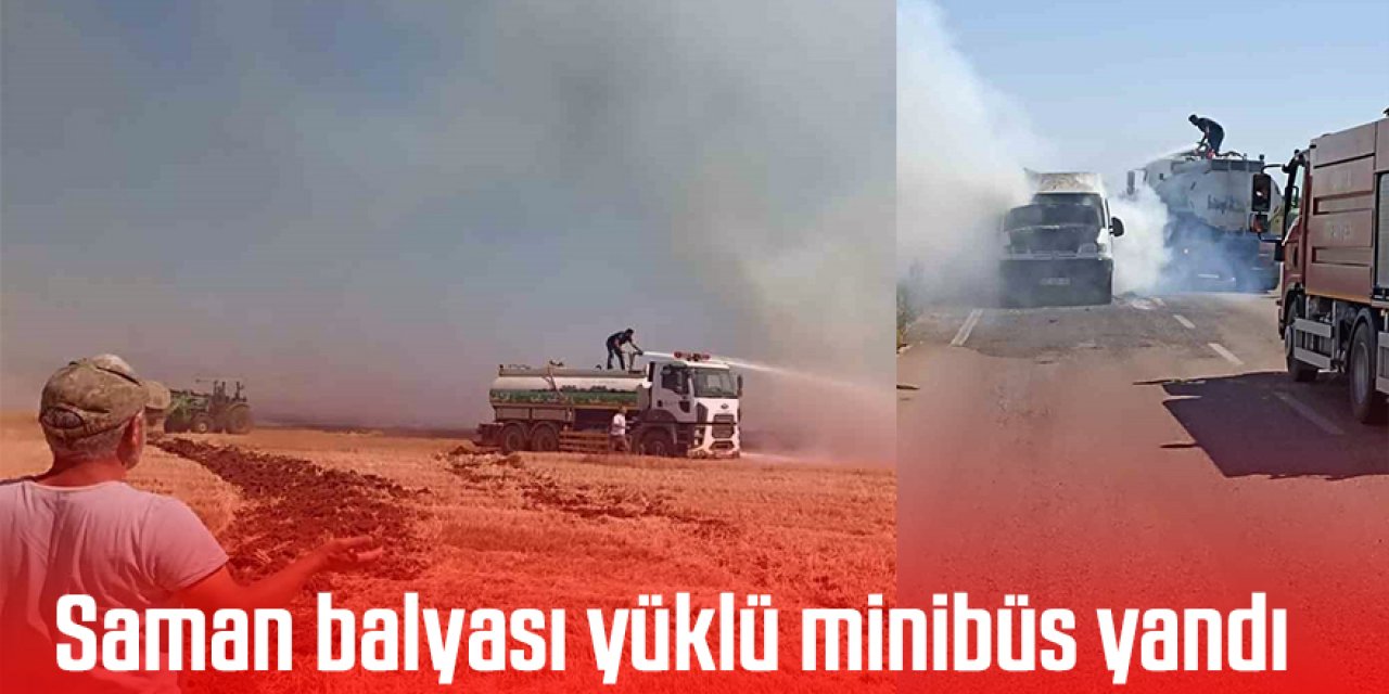 Saman balyası yüklü minibüs yandı