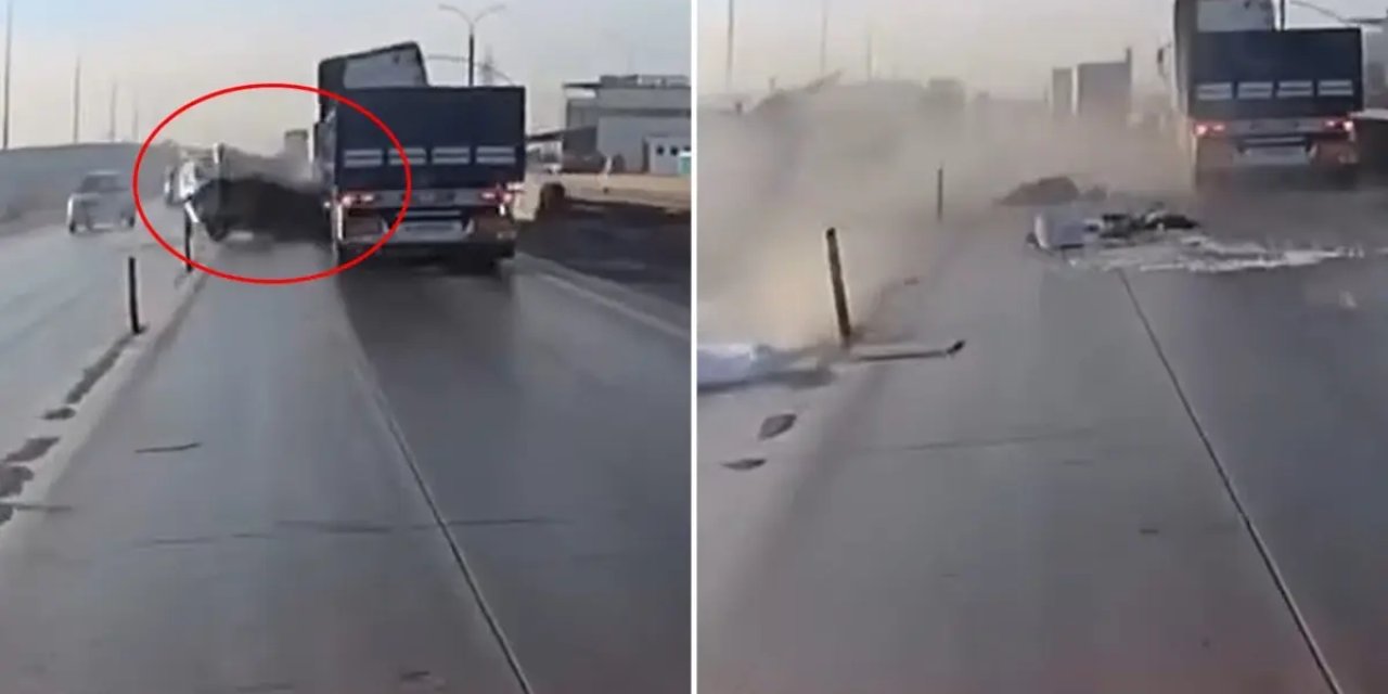 Tıra çarpan araç paramparça oldu